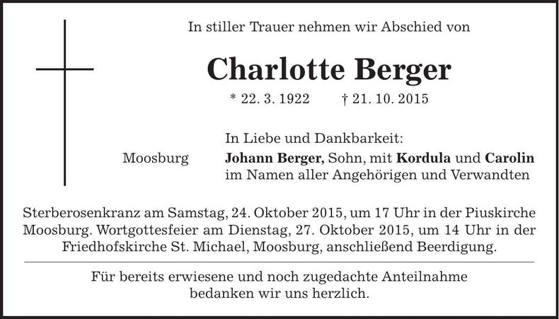 Traueranzeige Charlotte Berger