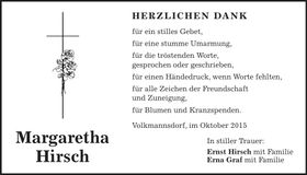 Traueranzeige Margaretha Hirsch