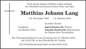 Traueranzeige Matthias Johann Lang