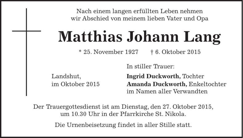 Traueranzeige Matthias Johann Lang