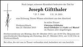Traueranzeige Joseph Giftthaler