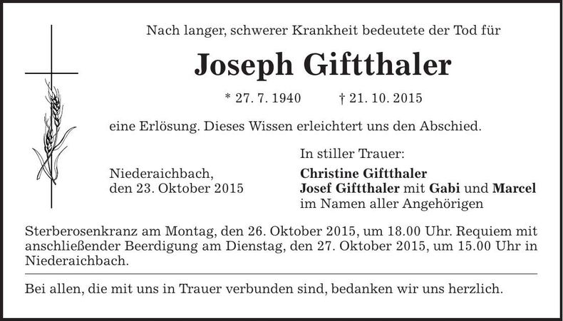 Traueranzeige Joseph Giftthaler
