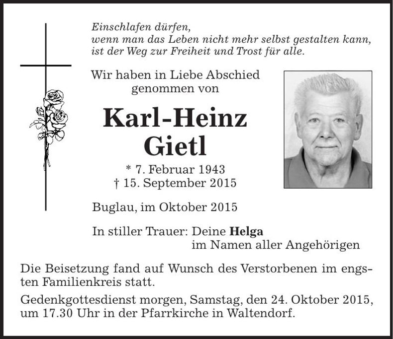 Traueranzeige Karl-Heinz Gietl