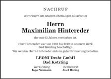 Traueranzeige Maximilian Hintereder