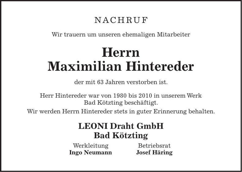 Traueranzeige Maximilian Hintereder