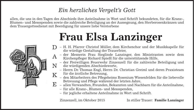 Traueranzeige Elsa Lanzinger