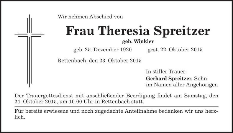 Traueranzeige Theresia Spreitzer