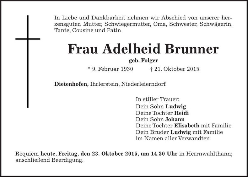 Traueranzeige Adelheid Brunner