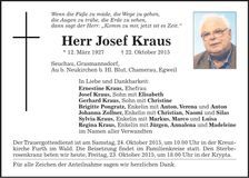 Traueranzeige Josef Kraus
