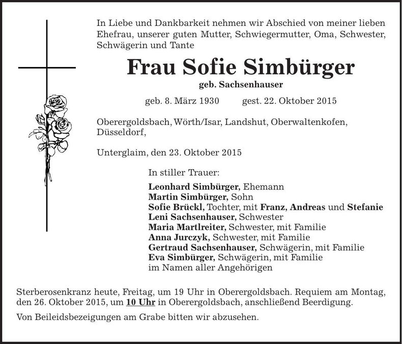 Traueranzeige Sofie Simbürger