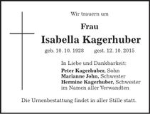 Traueranzeige Isabella Kagerhuber