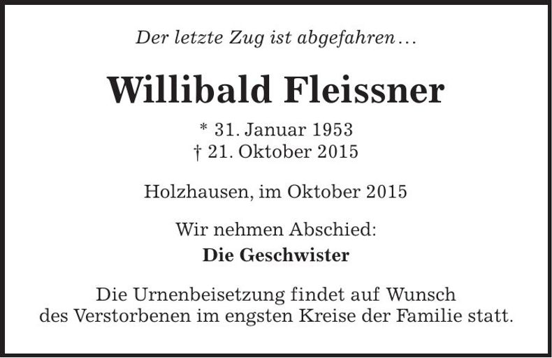 Traueranzeige Willibald Fleissner