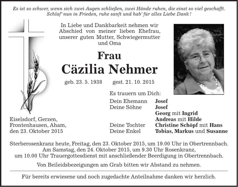 Traueranzeige Cäzilia Nehmer