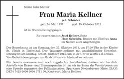 Traueranzeige Maria Kellner