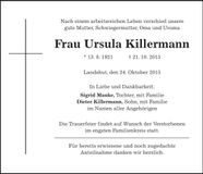 Traueranzeige Ursula Killermann