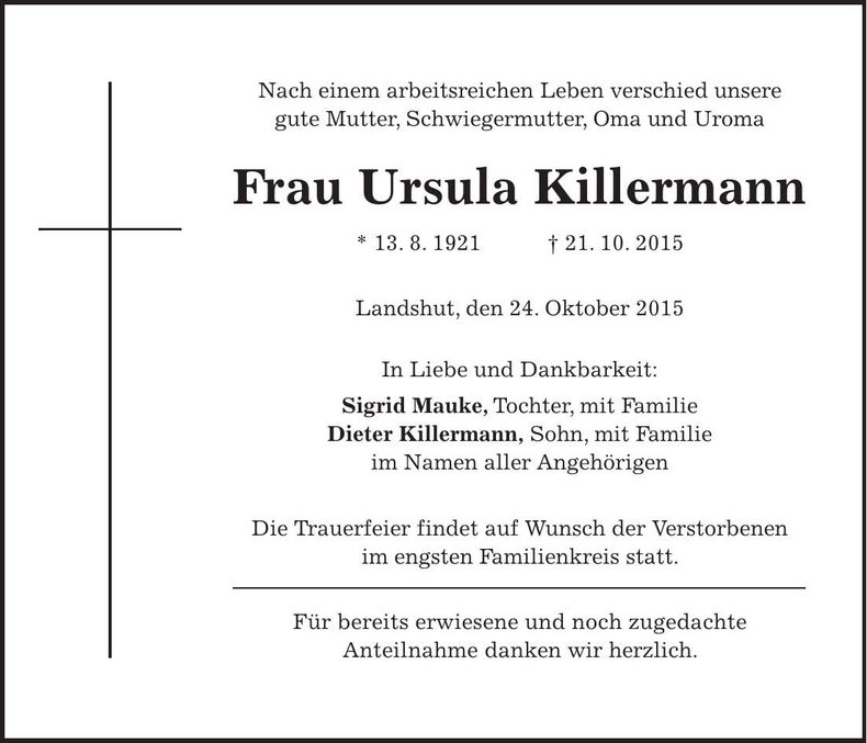 Traueranzeige Ursula Killermann