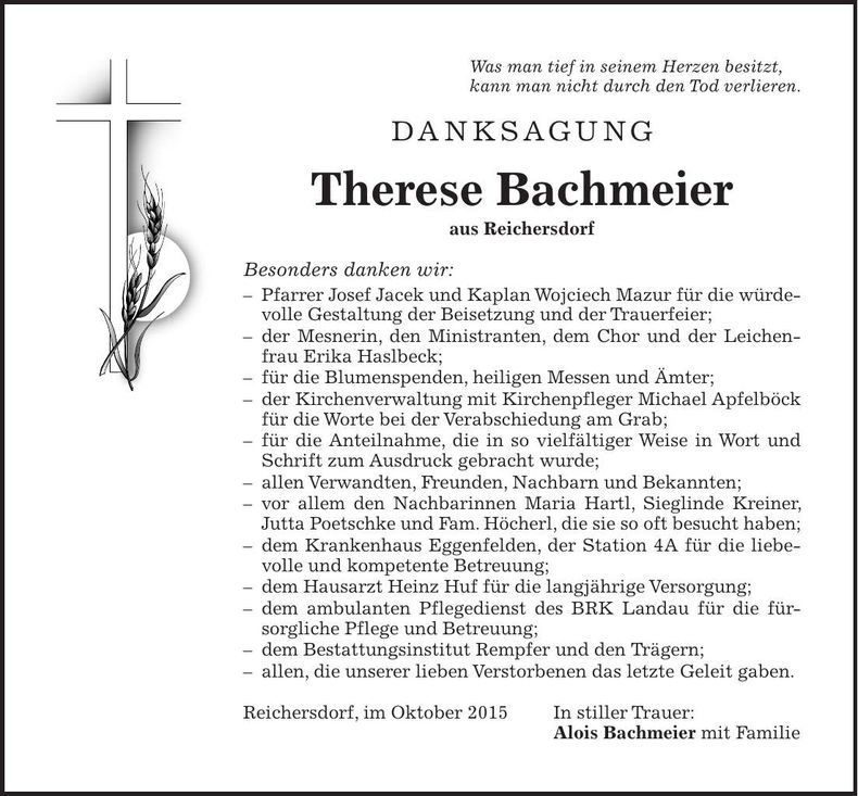 Traueranzeige Therese Bachmeier