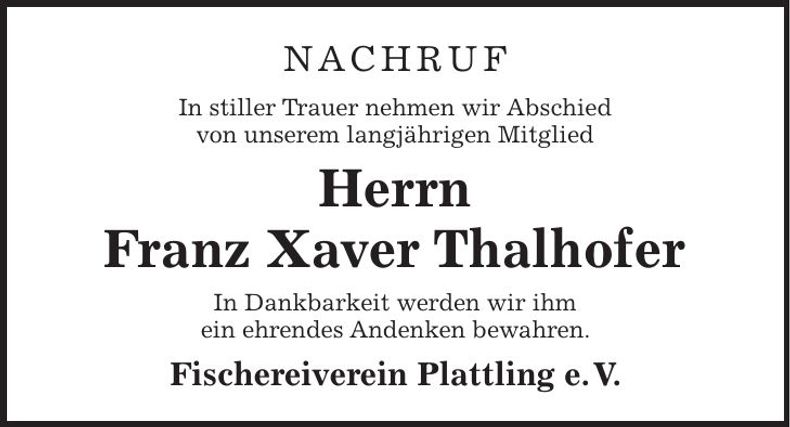 Traueranzeige Franz Xaver Thalhofer
