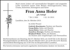 Traueranzeige Anna Hofer