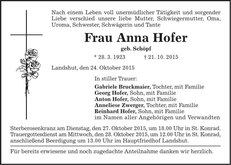 Traueranzeige Anna Hofer