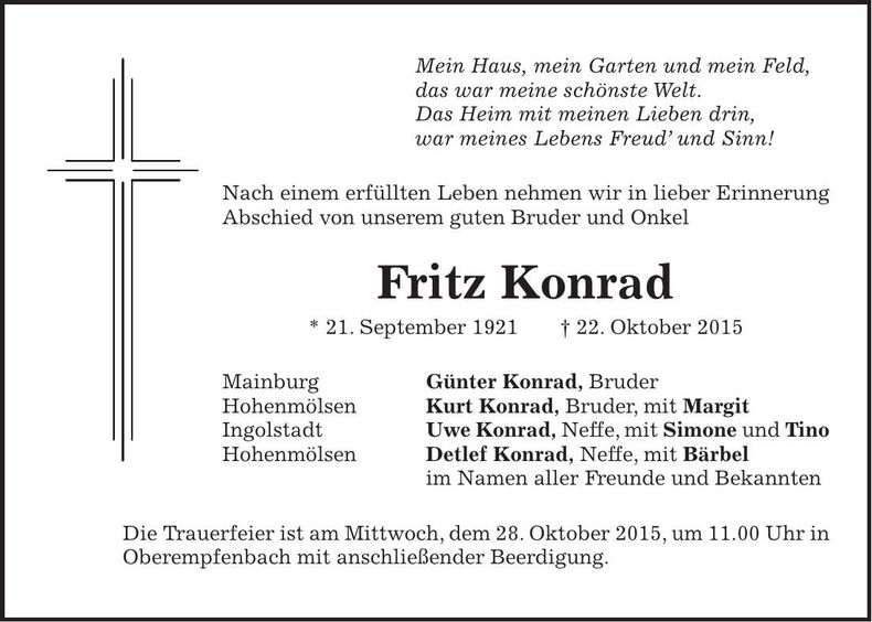 Traueranzeige Fritz Konrad