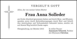 Traueranzeige Anna Solleder