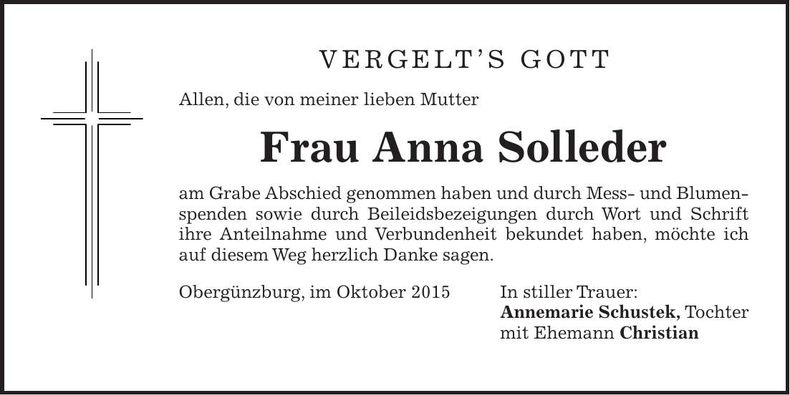 Traueranzeige Anna Solleder