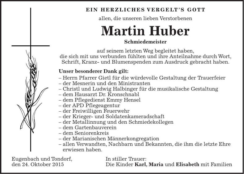 Traueranzeige Martin Huber