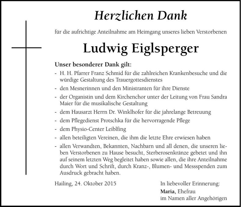 Traueranzeige Ludwig Eiglsperger