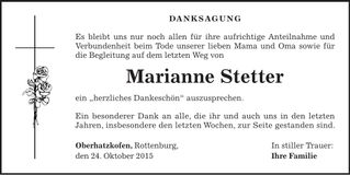 Traueranzeige Marianne Stetter
