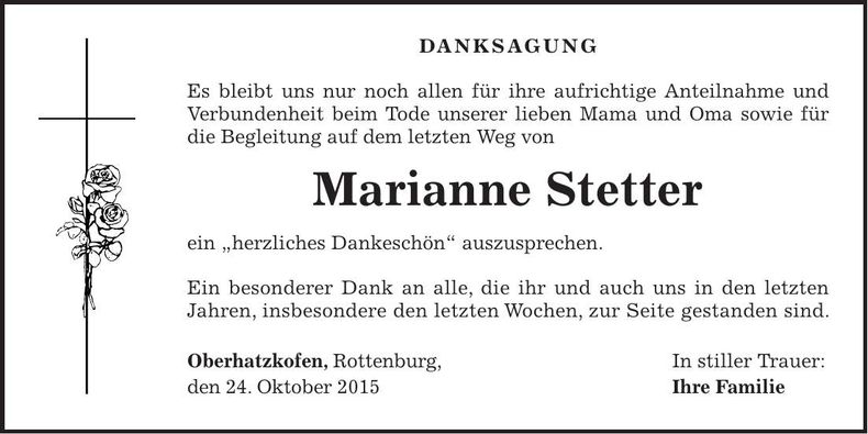 Traueranzeige Marianne Stetter