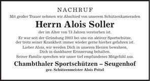 Traueranzeige Alois Soller