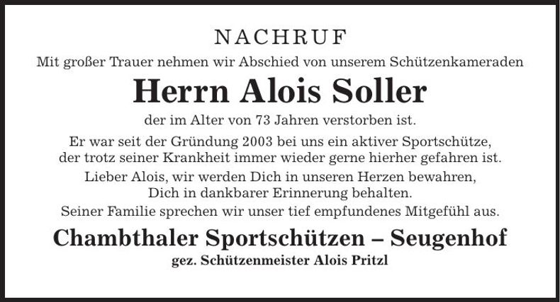 Traueranzeige Alois Soller
