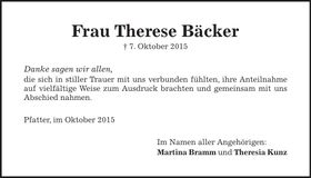 Traueranzeige Therese Bäcker