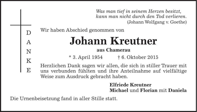 Traueranzeige Johann Kreutner