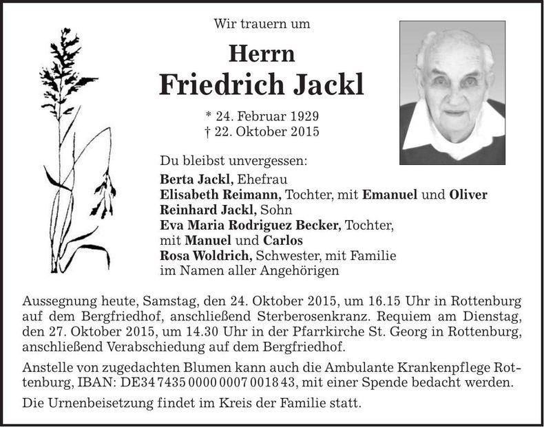 Traueranzeige Friedrich Jackl