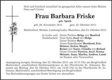 Traueranzeige Barbara Friske