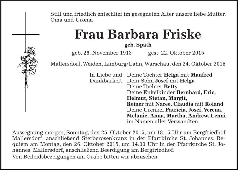 Traueranzeige Barbara Friske