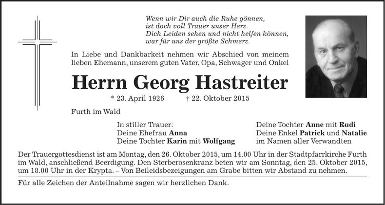 Traueranzeige Georg Hastreiter