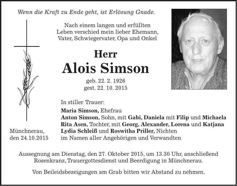 Traueranzeige Alois Simson