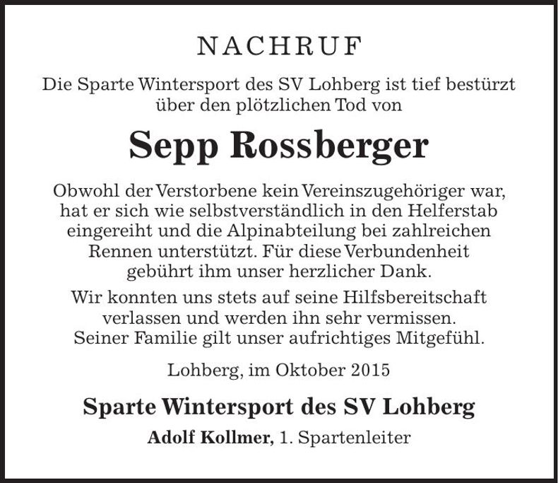 Traueranzeige Josef Rossberger