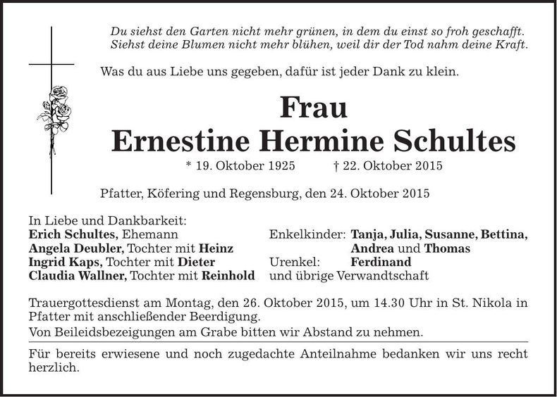 Traueranzeige Ernestine Hermine Schultes