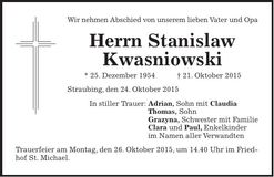 Traueranzeige Stanislaw Kwasniowski