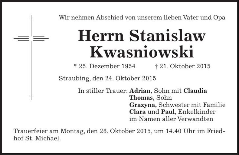 Traueranzeige Stanislaw Kwasniowski