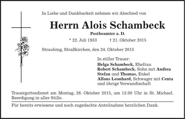 Traueranzeige Alois Schambeck