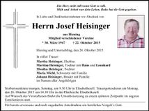 Traueranzeige Josef Heisinger