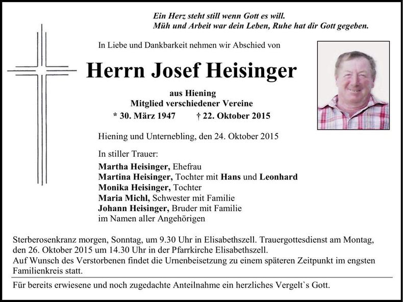 Traueranzeige Josef Heisinger