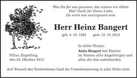 Traueranzeige Heinz Bangert