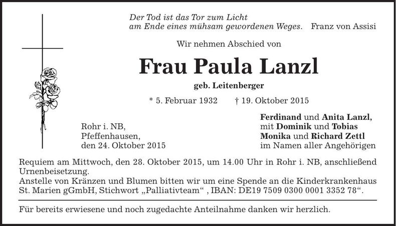 Traueranzeige Paula Lanzl