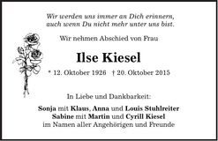Traueranzeige Ilse Kiesel